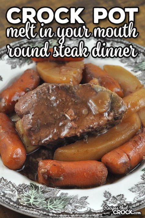 This delicious Melt In Your Mouth Crock Pot Round Steak Dinner recipe cooks all day and has your meat and veggies all in one pot! Slow Cooker Bottom Round Steak, Bottom Round Recipes Crock Pot, Round Steak Slow Cooker Recipes, Bone In Round Steak Recipes, Tenderized Round Steak Recipes Crockpot Slow Cooker, Beef Bottom Round Steak Recipes Crockpot, Top Round Steak Crockpot Recipes, Round Steak Recipes Crock Pot Crockpot, Deer Round Steak Recipes