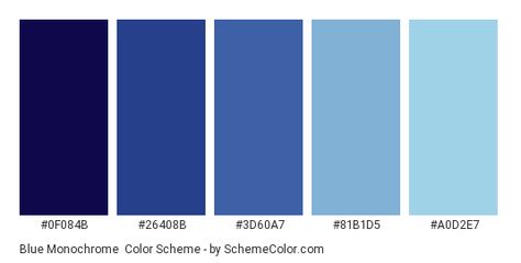 Blue Monochrome - Color scheme palette thumbnail - #0F084B #26408B #3D60A7 #81B1D5 #A0D2E7 Winter Wizard, Monochrome Color Scheme, Web Aesthetic, Monochromatic Blue, Yale Blue, Dark Midnight Blue, Baby Blue Eyes, Blue Shades Colors, Blue Monochrome