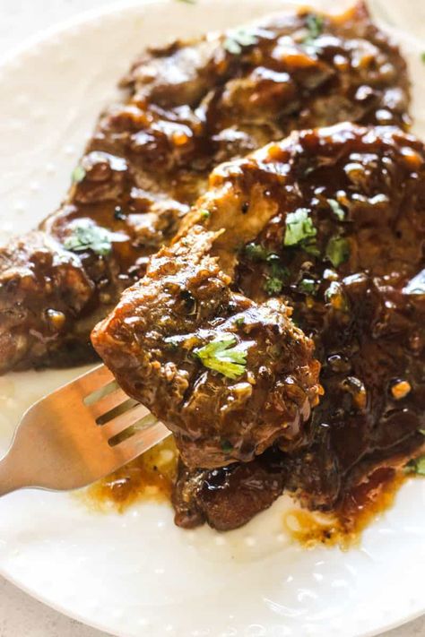 pork steaks cooked in instant pot on a fork Pork Steaks In Instant Pot, Pork Neck Steak Recipes, Beef Heart Stew, Pork Shoulder Steak Recipes, Pot Neck, Smothered Turkey, Smothered Turkey Wings, Brown Sugar Sauce, Pork Shoulder Steak