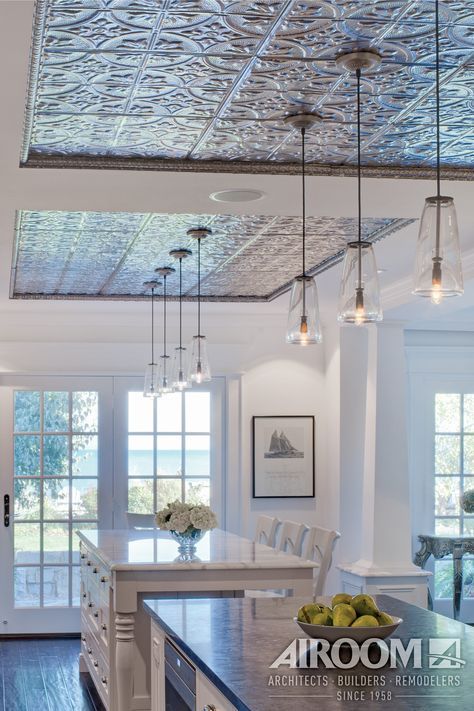 Pressed tin ceiling tiles between your painted white beams at kitchen Nantucket Style Kitchen, Stamped Tin Ceiling, Pressed Tin Ceiling, Toothbrush Sanitizer, Dreamy Kitchens, Evanston Illinois, Tin Ceilings, Ceiling Kitchen, Nantucket Style