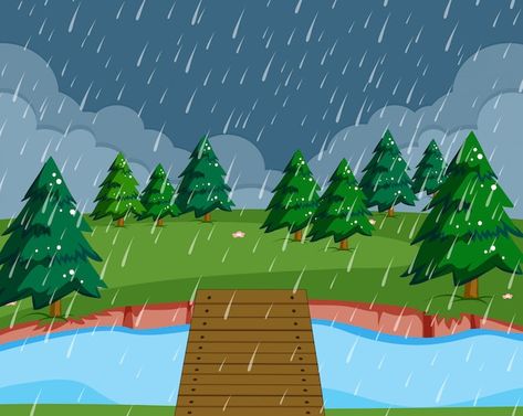 Free vector flat raining nature landscap... | Free Vector #Freepik #freevector #rain-cartoon #rain-sky #park #landscape-background Rain In Nature, Rain Clipart, Rain Cartoon, Illustration Scene, Rain Illustration, Scene Illustration, River Pictures, Iphone Wallpaper Hd Nature, Landscape Background