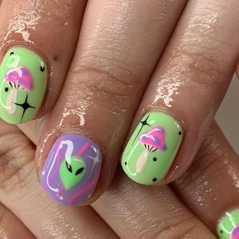 Eleza🥀 on Instagram: "Cute shrooms and alien heads on these shorties! Start of a builder journey for @caseykatsu, it was such a pleasure to meet you!!💖💖💖 Time taken: 2hrs (fresh builder and art) Books currently closed✨ #slayernailz #nailinspo #kawaiinails #spookyseason #spookynails #gothnails #mushroomnails #aliennails #naildesign #flamenails #firenails #biabnails #nailinspo #biab #kawaiinailart #nailinspo #pastelnails #smallbusiness #gelnails #gelnailsdesign #nails #gelnailart #nailart #han Rainbow Mushroom Nails, Cute Alien Nails, Pastel Goth Nail Art, Short Festival Nails, Silly Nail Art, Alien Nails Design, Shroom Nails, Alien Nail Art, Adventure Time Nails