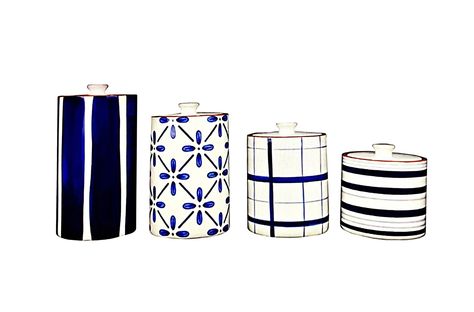 Ceramic Canisters Navy Blue White Modern Classic 8 Piece - Etsy White Canister Set, Serving Bowls Ceramic, Ceramic Canister Set, White Canisters, Kitchen Storage Canisters, Ceramic Canisters, Lotus Bowls, Ceramic Canister, Stoneware Dinnerware