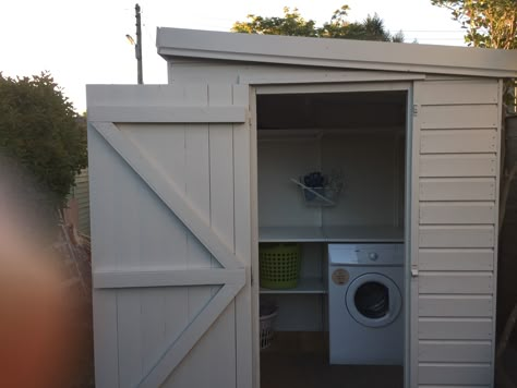 Laundry Room Shed Outhouse Laundry Room, Outhouse Utility Room Ideas, Outhouse Utility Room, Diy Outdoor Laundry Shed, Outdoor Utility Room Garden Sheds, Outdoor Washing Machine Storage, Outdoor Utility Area, Shed Utility Room Small Laundry, Outside Washer And Dryer Ideas Backyard