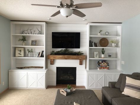 Shiplap built-in bookcases fireplace surround Shelves Around Fireplace, Bookshelves Around Fireplace, Diy Bookshelves, Fireplace Bookcase, Built In Around Fireplace, Fireplace Mantles, Fireplace Bookshelves, Furnitur Ruang Keluarga, Built In Shelves Living Room