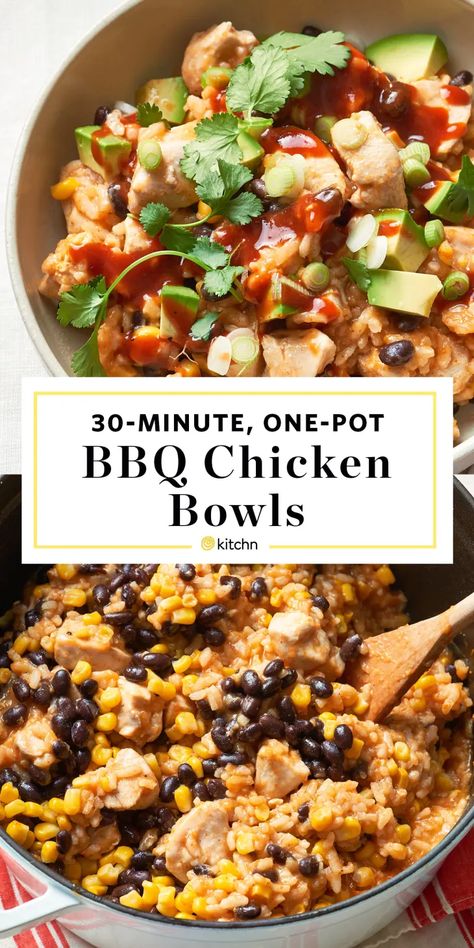 One Pot BBQ Chicken Burrito Bowls | Kitchn Rice Beans Corn, Chicken Burrito Bowls, Chicken Bowls, Spiced Rice, Poultry Dishes, Chicken Burrito, Chicken Burrito Bowl, Rice Beans, Top Chicken Recipes