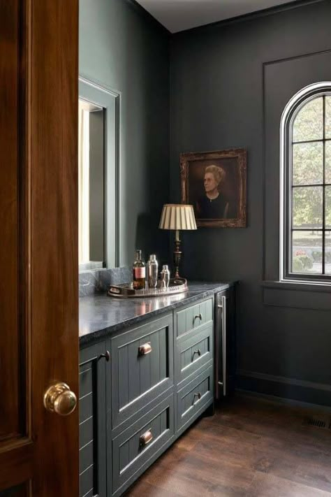 Farrow & Ball's Studio Green was used for both the cabinets and walls in this burler's pantry, inspired by the rich tones in a portrait of the homeowner's grandmother. "We wanted it to feel like a little jewelry box, where it's all the same color," says Rachel. Rachel Halvorson, Clean Kitchen Design, Serene Bathroom, Beautiful Home Designs, Studio Green, Open Living Room, Wet Bar, Front Room, Bathroom Inspiration