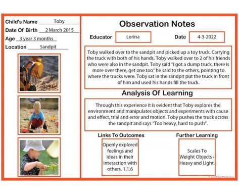 Observation Notes - Aussie Childcare Network Eyfs Observation Examples, Observation Notes For Teachers, Childcare Portfolio Ideas, Program Planning Childcare, Program Planning Template, Montessori Observation Notes, Preschool Observation Examples, Observations Childcare Early Childhood, Jotting Observation Example