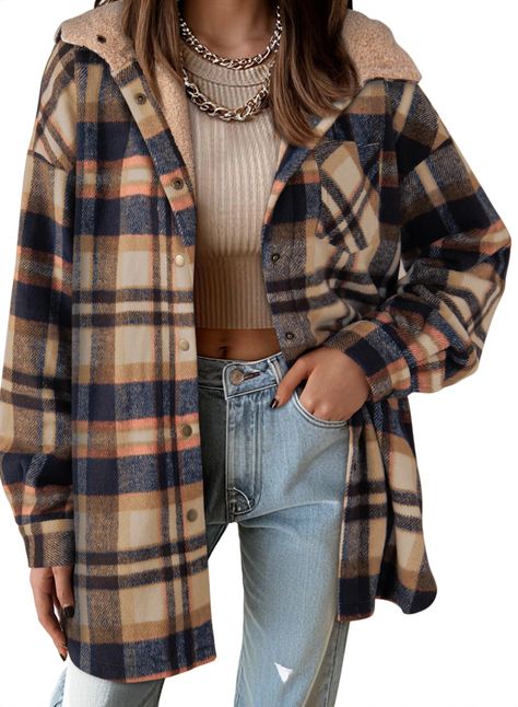 PRICES MAY VARY. [Material]-the womens shacket jacket made with high quality polyester.The flannel fabric is soft, wear-resistant, and has good warmth retention.Soft to the touch and comfortable to wear. [Feature]new plaid print,chest flap pocket,single button on cuff,oversized fit,drop shoulder,high quality flannel, loose style with a chic look.Womens fashion shacket [Shackets for women ]-so versatile is our flannel button down pocket top that can be worn open as a jacket or closed as a shirt!L Shackets For Women, Womens Shacket, Oversized Shacket, Outfit Oversize, Thick Coat, Oversized Button Down Shirt, Hooded Winter Coat, Plaid Shacket, Flannel Women