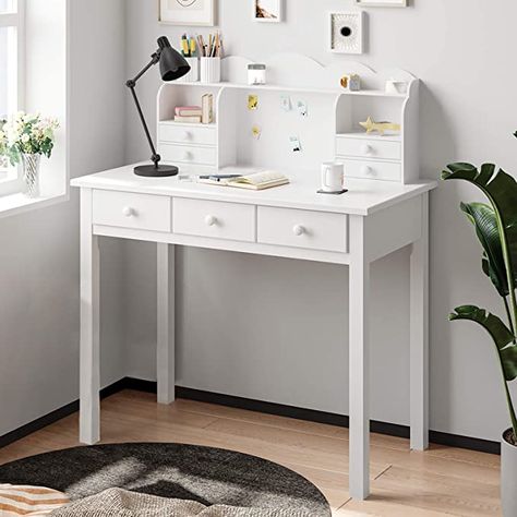 Amazon.com: ADORNEVE Writing Desk with 7 Drawers, Home Office Desk with Hutch,Student Desk Study Table, Small White Desk, Solid Pine Wood Legs: Kitchen & Dining White Desk With Hutch, Small White Desk, Office Desk With Hutch, Teen Desk, White Writing Desk, Desk Student, Table Computer, Desk With Hutch, Writing Desk With Drawers