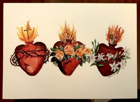 The Hearts of the Holy Family Sacred Heart of Jesus | Etsy Sacred Heart Tattoo, Sacred Heart Art, Jesus Crafts, Sacred Heart Tattoos, Catholic Decor, Jesus Mary And Joseph, Immaculate Heart, The Holy Family, Catholic Images