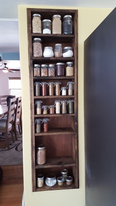 Between the studs kitchen storage. Build a spice rack right into the wall Kitchen Ideas For Storage, Build A Spice Rack, Wall Pantry Ideas, Spice Rack Design, Between The Studs, Wall Pantry, Country Bedroom Furniture, Wall Spice Rack, Recessed Shelves