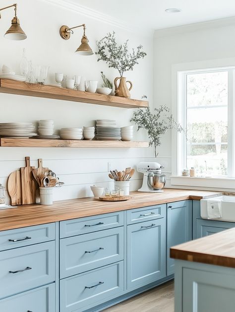 15 Blue Coastal Kitchens That Will Calm Your Soul - Blue White Cabinets Kitchen, Kitchen White And Blue Cabinets, Bright Coastal Interior Design, Neutral Kitchen With Blue Accents, Coastal Grandmother Kitchen Aesthetic, Beachy Kitchen Decor, Coastal Rv Makeover, Ikea Beach House Ideas, Beach Kitchens Coastal