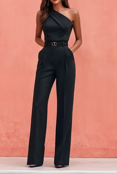 Elegant Outfit Jumpsuit, Black High Waisted Trousers Outfit, Women Gala Outfit, Elegant Looks Outfits Summer, Jumpsuit With Belt Outfit, White And Black Dress Outfit, One Shoulder Jumpsuit Outfit, Dramatic Outfits Style, All Black Outfit Elegant