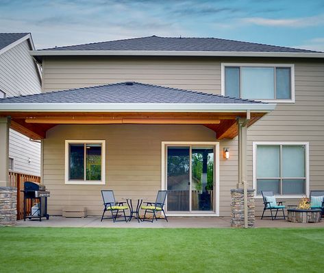 TnT Builders | Hipped Patio Cover with Fire Pit 12 X 12 Patio Ideas, Patio Roof Ideas Attached To House, Covered Patio With Hot Tub, Covered Patio Extension Ideas, Turf Yard, Ceiling Recessed Lighting, Covered Patio Plans, Outdoor Recessed Lighting, Small Covered Patio