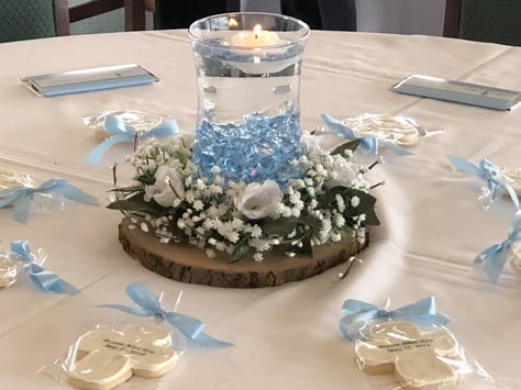 Baptism centerpiece Christening Table Centerpieces, Simple Centerpieces Baby Shower Boys, Centerpiece For Bautizo, Baptism Boy Centerpieces, Christening Centerpieces Boy, Bautizo Ideas Boy Centerpieces, Baptism Flower Centerpieces, Babtizum Ideas For Boys, Planter Centerpiece Wedding