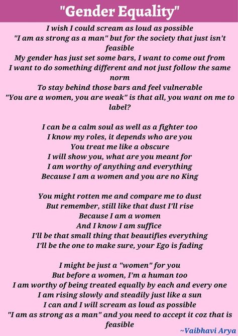 Hey guys! Whhasupp?! So, wrote this poem on gender equality for a competition. Wish me luck! & do let me know in the comments, what's your fav line from this poem🤍...Also, do not forget to like it, if you actually did then only💕 Poem Recitation, Elementary Drawing, Reflection Paper, Equal Rights For Women, Gender Pay Gap, Bond Paper Design, Speech Ideas, Acrostic Poem, Gender Inequality