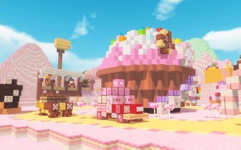 Candy Land Minecraft, Valentines Day Minecraft Builds, Minecraft Candyland, Minecraft Valentines Build, Candy Minecraft, Island Minecraft, Aesthetic Minecraft Builds, Minecraft Valentines, Minecraft Food