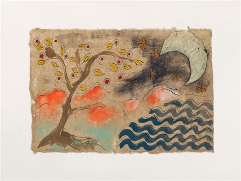 Moon And Trees, Female Painters, Sky Stars, Being Present, The Weaver, Stars Moon, Scenic Design, Antique Textiles, Daily Art