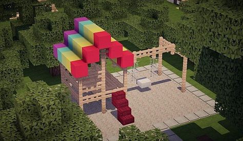 This type of playground, created by minecraft, displays two types of playground equipment like a slide and a swing Mincraft Idea Playground, Playground In Minecraft, Minecraft Slide, Minecraft Playground Ideas, Playground Minecraft, Minecraft Swing, Minecraft Playground, Simple Playground, Minecraft Castle Blueprints