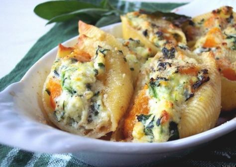 Going meat-less at your wedding might make some of your guests roll their eyes. But we're guessing that, after trying one of these eight dishes, they'll be singing a different tune. In celebration of World Vegetarian Day on Monday, check out these tasty vegetarian entrees that will have everyone salivating. Butternut Squash Stuffed Shells, Butternut Squash Ricotta, Squash Stuffed Shells, Sage Brown Butter Sauce, Butternut Squash Stuffed, Stuff Chicken, Sage Brown Butter, Ricotta Spinach, Spinach Stuffed Shells