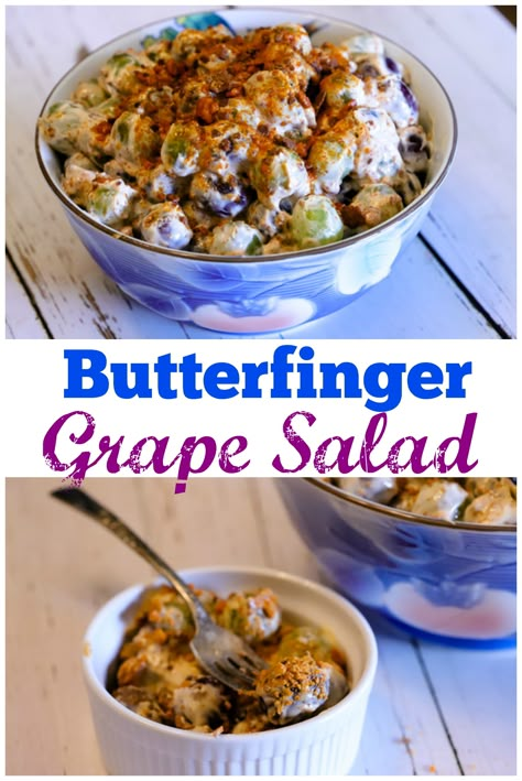 This Butterfinger Grape Salad is absolutely the best grape salad ever!  One of my all time most requested recipes. Grape Salad With Cream Cheese Butterfinger, Grape Salad Recipe Butterfinger, Most Requested Recipes, Grape Deserts, Grape Recipes Ideas, Grape Dessert Recipes, Grape Dessert, Grape Salad Recipe, Grape Recipes