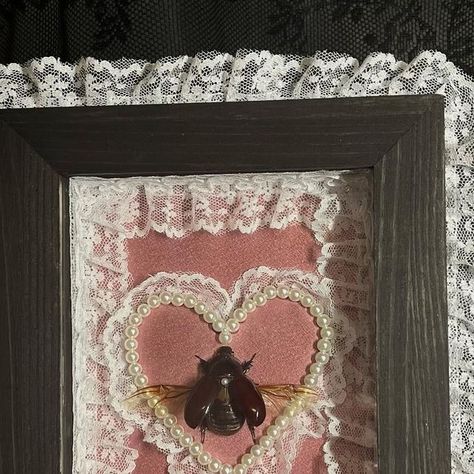 *゜ﾟ･ Bitter Beetlez ･゜ﾟ* on Instagram: "Rhino beetle Shadow Frame 🎀💗 Handmade and one of a kind. Rhino beetle on a heart doily with lace and pearls <3 made with love $165 + shipping or pickup for free in broward/dade . . . Tags: #bugs #oddities #insects #entomology #curiosities #curiosidades #framedbugs #framedart #oddcore #odd #creepycore #shadowbox #vultureculture #insectpinning #insectsofinstagram #cottagecore #pinkaesthetic #bimbocore #barbie #lace #ballerinacore #beetle" Bug Diorama, Bug Preservation, Spider Taxidermy, Oddities Aesthetic, Insect Decorations, Taxidermy Bugs, Insect Aesthetic, Bug Pinning, Beetle Decor