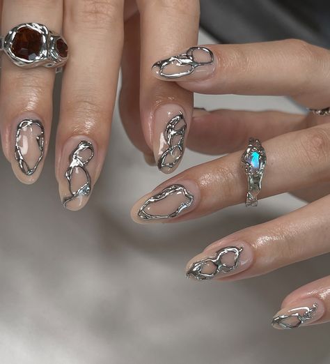 ⛓️ Hardware ⛓️ My 3D Chrome Aug/Sep special on soft gel overlay 🩶 #nailinspo #chromenails #3dnails #naildesign #3dchromenails #nailart Almond Nails 3d Chrome, 3d Silver Chrome Nails, Chrome Design Nails, 3d Chrome Nails, 3d Chrome, Chrome Design, Gel Overlay, Design Nails, Soft Gel