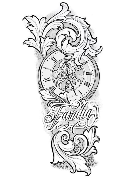 နာရီ Tattoo, Half Sleeve Tattoo Drawings For Men, Clock Half Sleeve Tattoo, Clock Tattoo Design For Men, Clock Tattoo Stencil, Half Sleeve Tattoo Stencils, Animal Sleeve Tattoo, Filigree Tattoo, Half Sleeve Tattoos Drawings