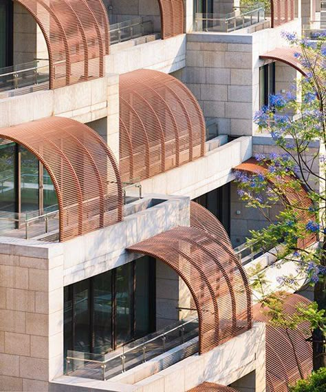 safdie architects' terraced eling residences ascend the bucolic chinese hillside Second Skin Architecture, Facade Ideas Architecture, Curved Facade Architecture, Terraced Architecture, Terraces Architecture, Architecture Roofs, Terrace Design Balcony, Balconies Architecture, Safdie Architects