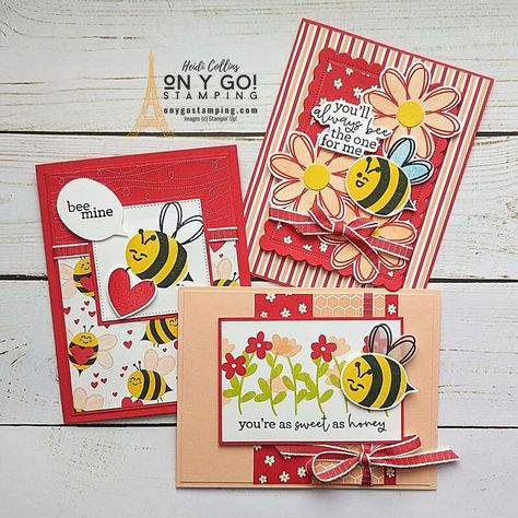 Handmade Valentine's Cards that are the Bee's Knees - ON Y GO! STAMPING Stampin Up Bee My Valentine Suite, Su Valentines Day Cards, Stampin Up Bee Mine Suite, Stampin Up Bee Mine, Bee Mine Stampin Up Cards, Stampin Up Bee My Valentine, Bee My Valentine Stampin Up Cards, Bee Cards Handmade, Stampin Up Thank You Cards