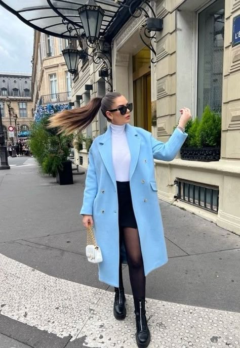 Long Blue Jacket Outfit, Chanel Coat And Skirt, River Island Outfits, Blue Skirt Winter Outfit, Blue Winter Outfits For Women, Blue Coat Outfits For Women, Blue And White Winter Outfit, White Chanel Bag Outfit, Blue Coat Outfit