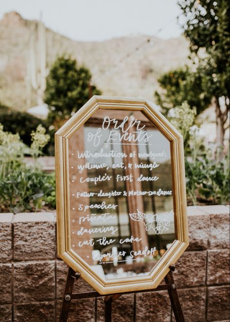 Mirror, gold mirror, wedding day timeline, Tucson, Arizona wedding, wedding reception Mirror Wedding Timeline, Spa Grand Opening, Gold Mirror Wedding, Vintage Romantic Wedding, Décor Table, Tucson Wedding, Mirror Wedding, Wedding Mirror, Order Of The Day