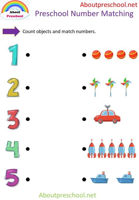 NUMBER MATCHING BENEFITS According to the Montessori approach, it is important for mathematics education at the age of 3 and over. Contrary to the abstract information of mathematics; The introduction of numbers in a way that children can touch, see and experience is of great importance in terms of being memorable and meaningful. In Read More Mathematics For Kindergarten, Number Matching Activities, Number Matching Worksheet, Learning Colors For Kids, Montessori Approach, Preschool Activity Sheets, Kindergarten Math Worksheets Addition, Montessori Activities Preschool, Worksheet For Preschool