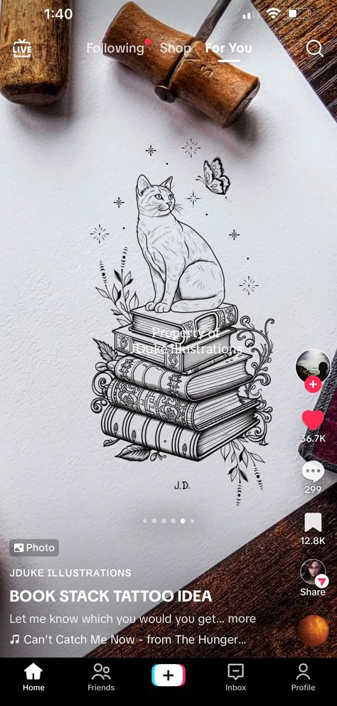 Book Witch Tattoo, Book Stack Tattoo Ideas, Stacked Books Tattoo, Cat With Books Tattoo, Owl Book Tattoo, Owl And Books Tattoo, Cat On Books Tattoo, Book Cat Coffee Tattoo, Cat Book Tattoo