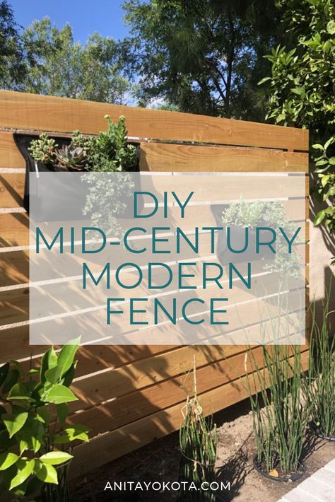 DIY Mid Century Modern Fence | Anita Yokota | Looking for some mid-century backyard ideas? On the blog, I'm sharing a DIY tutorial for creating this horizontal slat fence with living wall planters filled with succulent. #backyardideas #midcentury #plantwall Diy Modern Fence Ideas, Modern Wood Slatted Outdoor Privacy Screen, Mid Century Modern Privacy Fence, Mid Century Privacy Fence, Mid Century Fences And Gates, Board And Batten Mid Century Modern, Mid Century Modern Patio Ideas, Diy Horizontal Wood Fence, Wood Slat Fence