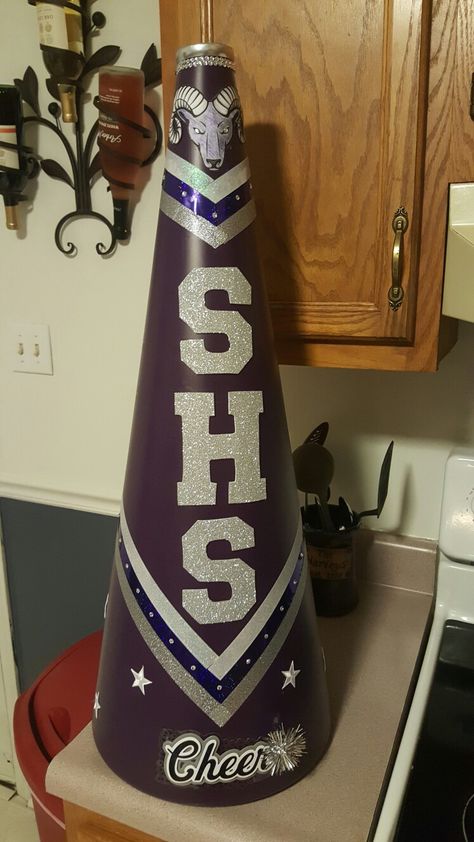 Cheer megaphone                                                                                                                                                                                 More How To Decorate A Megaphone For Cheer, Megaphone Designs Vinyl, Cheerleader Megaphone Designs, Mega Phone Cheerleading Ideas, Cheerleading Megaphone Decorating Ideas, Senior Cheer Megaphone Ideas, Senior Megaphone Ideas, Diy Megaphone Cheerleading, Cheer Megaphone Ideas