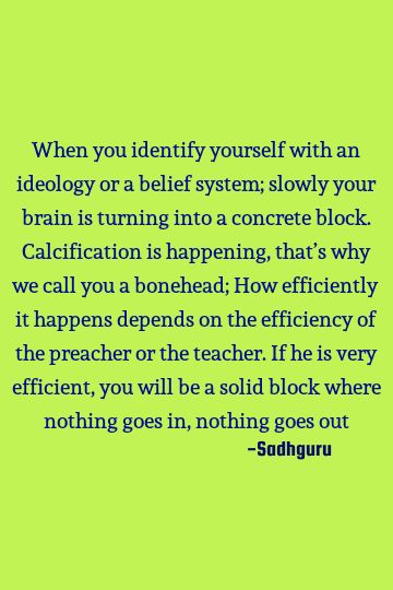 When you identify yourself with an ideology or a belief system; slowly your brain is turning into a concrete block. Calcification is happening, that's    #funny #religion #identity Ideology Quotes, Belief Quotes, Belief System, Concrete Block, Concrete Blocks, Your Brain, Brain, Turning, Turn Ons