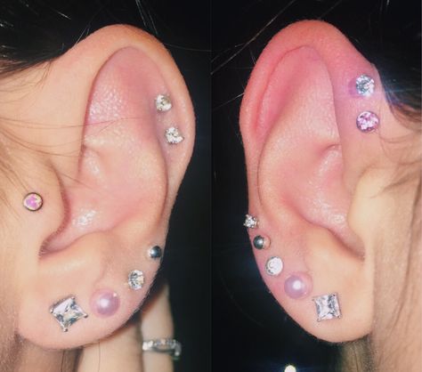 Ear peircings Left: Tragus, double cartilage/helix, standard lobe, triple upper lobe Right: Double forward helix, standard lobe, quadruple upper lobe Quadruple Lobe Piercing, Ladies Night Outfit, Double Cartilage, Piercing Inspiration, Ear Peircings, Upper Lobe, Forward Helix, Double Helix, Lobe Piercing