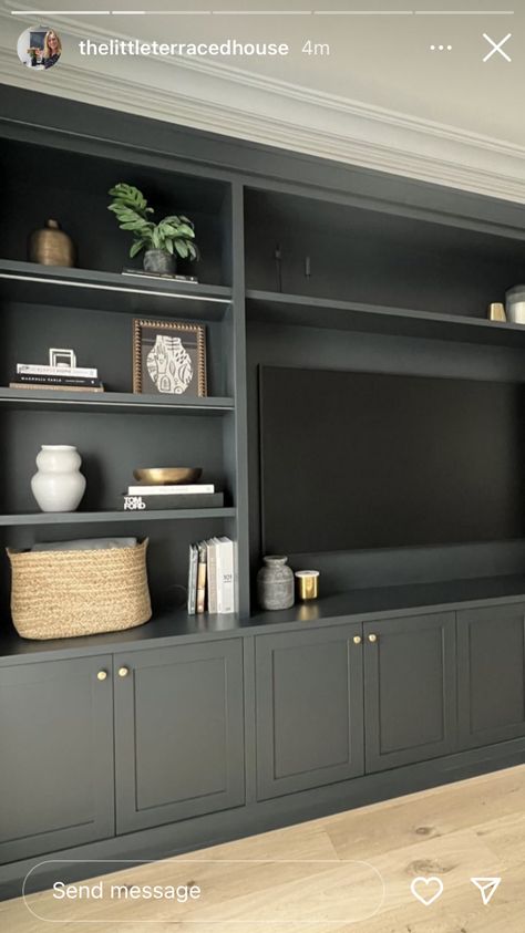 Bookshelf Entertainment Center Diy, Bookshelves Entertainment Center, Living Room Designs Built In Shelves, Black Tv Built In, Two Toned Bookshelf, Dark Painted Built Ins, Library Media Room, Basement Media Center, Black Built In Entertainment Center