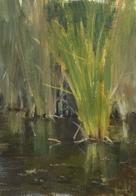 Pond Reeds study. Acrylic 6x9 paper. Pond Painting Acrylic, Pond Reeds, Contest Ideas, Nature Illustrations, Pond Painting, Painting Landscapes, Dragon Flies, Water Pond, River Art