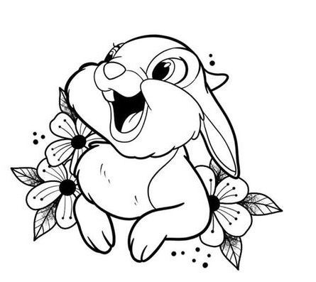 Panpan Disney, Bambi Drawings Easy, Disney Thumper Tattoo, Thumper Tattoo, Old School Disney, Thumper Coloring Page, Bambi Coloring Pages, Flower Bambi Tattoo, Disney Outline