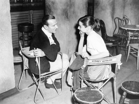 Fred Astaire and Audrey Hepburn conversing on the set of Funny Face, 1957 Actors On Set, Audrey Hepburn Funny Face, Paulette Goddard, William Wyler, George Burns, Ginger Rogers, Fred Astaire, Bette Davis, Funny Face