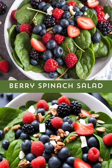 🍓 Elevate your salad game with our delightful Berry Spinach Salad! Packed with vibrant baby spinach, juicy strawberries, blueberries, raspberries, and a touch of crumbled feta, this refreshing dish is a symphony of sweet and savory. Topped with toasted almonds and drizzled with balsamic vinaigrette, it's a perfect blend of textures and flavors. 🥗✨ Ideal for a light lunch or a side dish that steals the show. Customize with grilled chicken for added protein! 🍽️#HealthyEating #myskinnyrecipes Berry Balsamic Salad, Berry Dishes, Berry Spinach Salad, Salad With Berries, Balsamic Salad, How To Make Spinach, Balsamic Vinaigrette Dressing, Berry Salad, Strawberries Blueberries