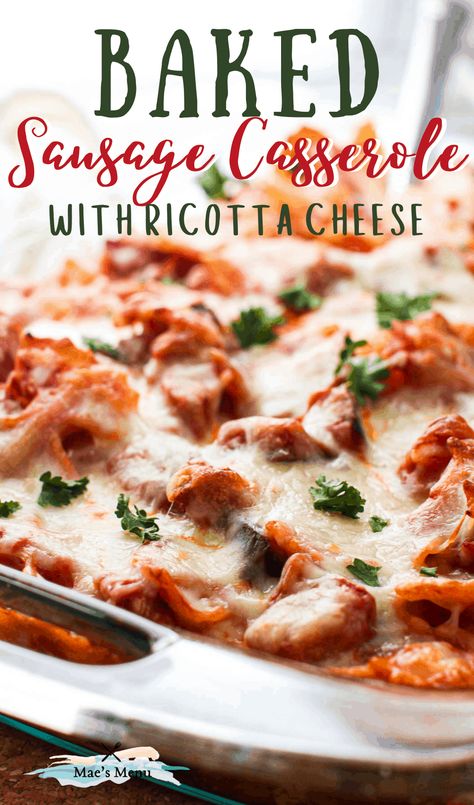 Enjoy a cheesy and hearty italian baked pasta with this Italian Sausage Casserole with Ricotta Cheese! This casserole is easy to make and feeds a crowd. Make it for dinner today! #sausage #bakedpasta #casserole #italiansausage #ricottacheese #dinnerrecipe Italian Sausage Pasta Bake, Italian Sausage Casserole, Recipes Using Ricotta Cheese, Recipe Using Ricotta, Italian Pasta Bake, Baked Italian Sausage, Ricotta Pasta Bake, Sausage Pasta Bake, Sausage Casserole Recipes