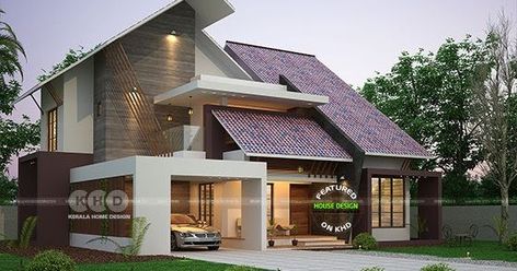 2450 square feet unique ultra modern 4 bedroom slanting roof house plan by Green Homes, Thiruvalla, Cochin and Alappuzha, Kerala. Shed Type Roof Modern House, Palm Gold, Modern Roof Design, Bungalow Designs, Slanted Roof, House Elevations, Green Homes, Indian House Plans, House Roof Design