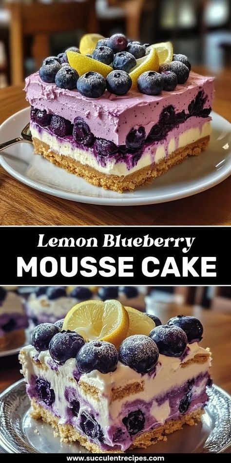 Experience the perfect balance of flavors in this Lemon Blueberry Mousse Cake with Shortbread Crust! A deliciously creamy dessert that's sure to impress your guests. Blueberry Mousse Cake, Blueberry Shortbread, Blueberry Mousse, Mousse Cake Recipe, Blueberry Compote, Mousse Dessert, Shortbread Crust, Refreshing Desserts, Mousse Recipes