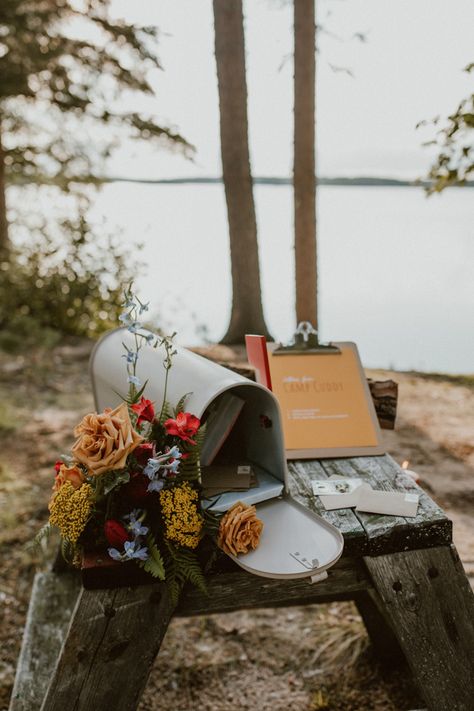 Adorably Elegant Camp Wedding | Junebug Weddings Camp Wedding Decor, Campsite Wedding, Summer Camp Themes, Getaway Wedding, Campground Wedding, Summer Camp Wedding, Winnipeg Wedding, Camp Wedding, Camping Theme