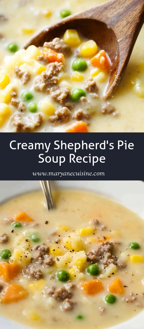 Enjoy a creamy twist on the classic Shepherd’s Pie with this soup! Loaded with tender beef, sweet peas, and melty cheddar goodness. Sheppard Pie Soup Recipe, Instant Pot Shepards Pie Soup, Shepards Pie Soup Recipe, Shepards Pie Soup Crockpot, Shepherd's Pie Recipes, Ground Beef Shepherd's Pie, Soup Recipe With Ground Beef, Shepherds Pie Soup Recipe, Quick Shepherds Pie