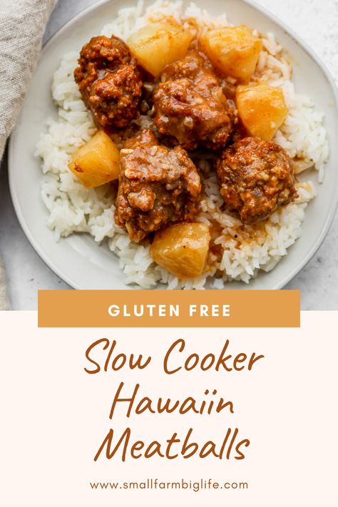 This easy recipe for gluten free slow cooker Hawaiin meatballs is perfect for barbecues! The meatballs are made with ground beef, bbq sauce, and pineapple in your crockpot. They are sweet, tangy and perfect served over rice or as an appetizer. Meatballs Crockpot Pineapple, Teriyaki Pineapple Meatballs Crockpot, Hawaii Meatballs Slow Cooker, Pineapple Barbecue Meatballs, Hawian Meatballs Crockpot, Rice In Crockpot, Gluten Free Meat, Spring Recipes Dinner, Gluten Free Meatballs